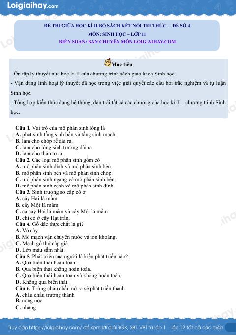 Đề thi giữa học kì 2 Sinh 11 Kết nối tri thức - Đề số 4